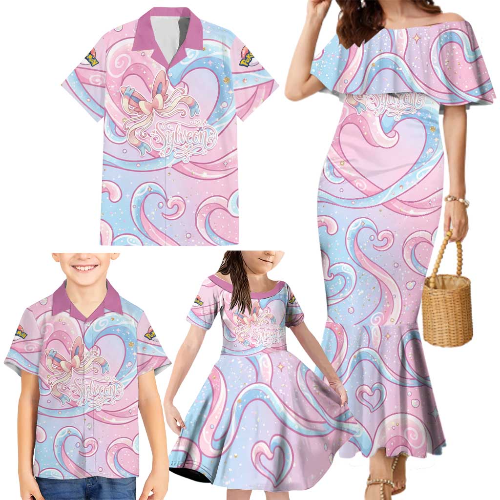 Sylveon Family Matching Mermaid Dress and Hawaiian Shirt Magical Pastel Heart Ribbon Art