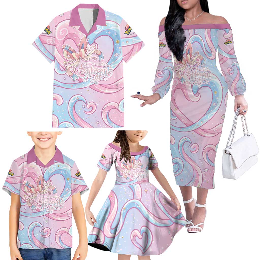Sylveon Family Matching Off The Shoulder Long Sleeve Dress and Hawaiian Shirt Magical Pastel Heart Ribbon Art
