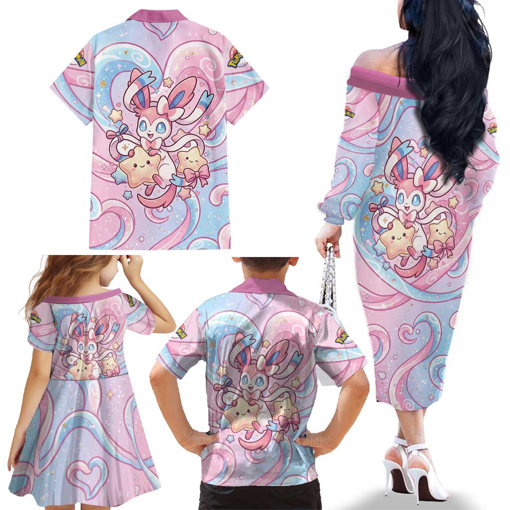 Sylveon Family Matching Off The Shoulder Long Sleeve Dress and Hawaiian Shirt Magical Pastel Heart Ribbon Art