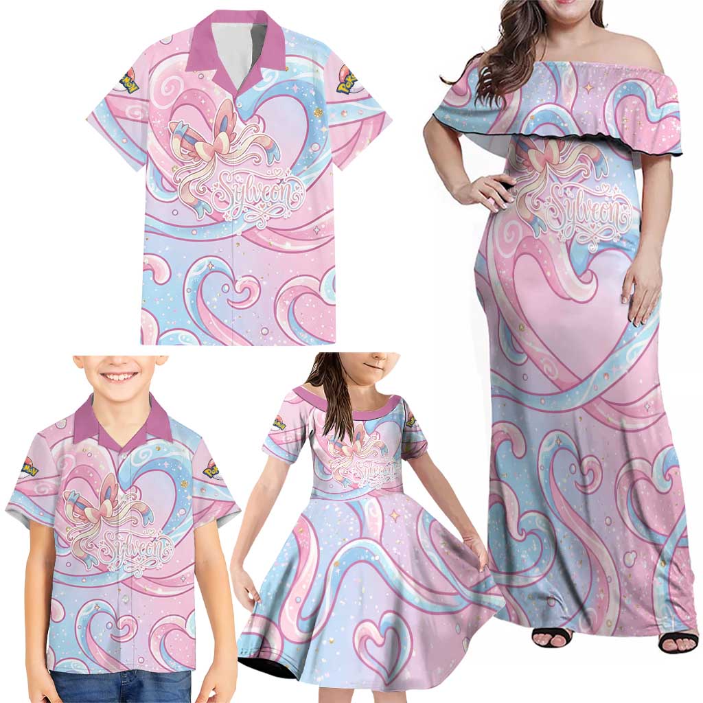 Sylveon Family Matching Off Shoulder Maxi Dress and Hawaiian Shirt Magical Pastel Heart Ribbon Art