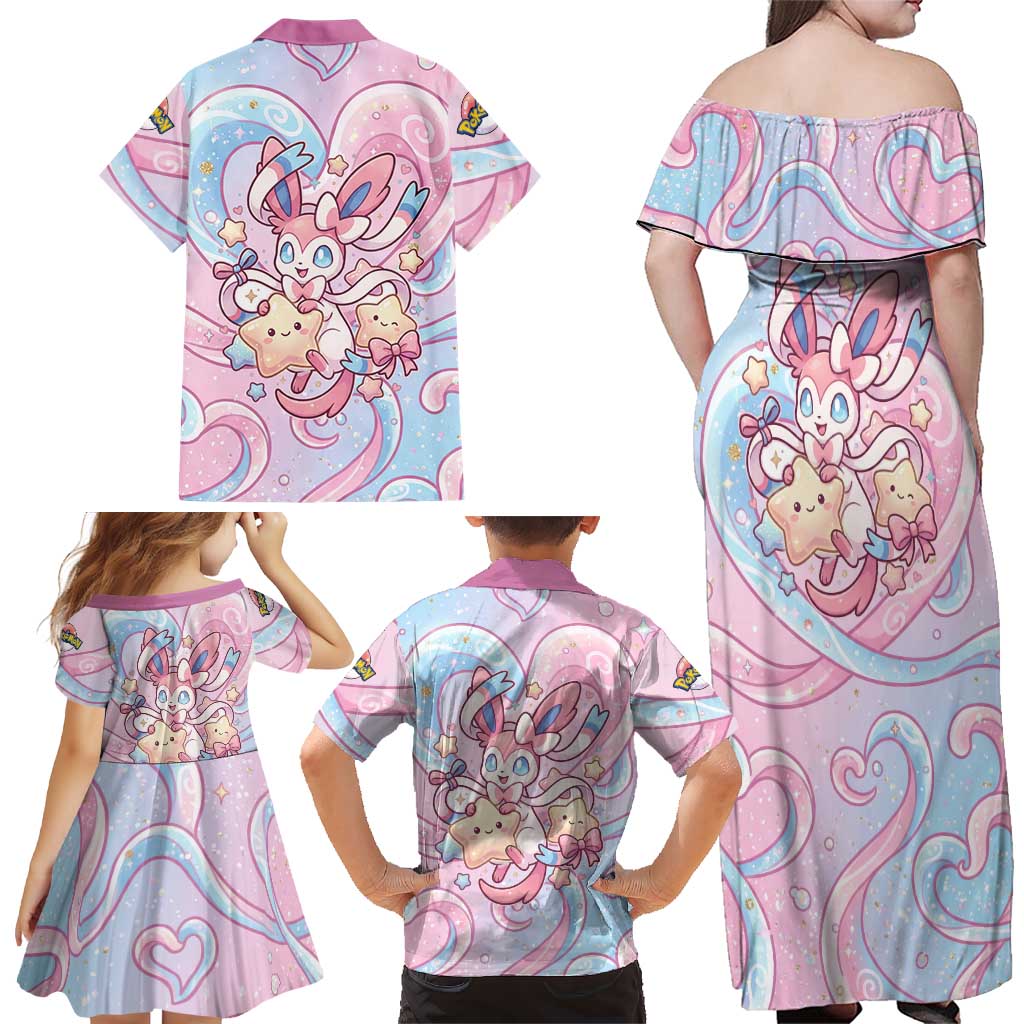 Sylveon Family Matching Off Shoulder Maxi Dress and Hawaiian Shirt Magical Pastel Heart Ribbon Art