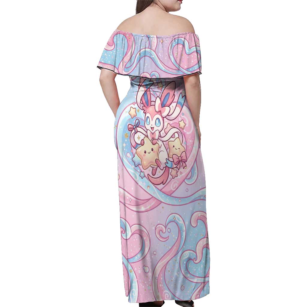 Sylveon Family Matching Off Shoulder Maxi Dress and Hawaiian Shirt Magical Pastel Heart Ribbon Art
