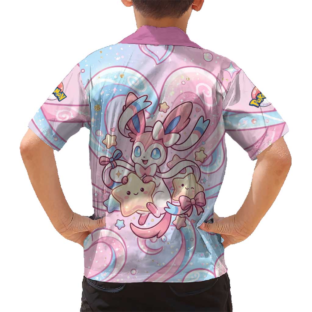Sylveon Family Matching Off Shoulder Short Dress and Hawaiian Shirt Magical Pastel Heart Ribbon Art