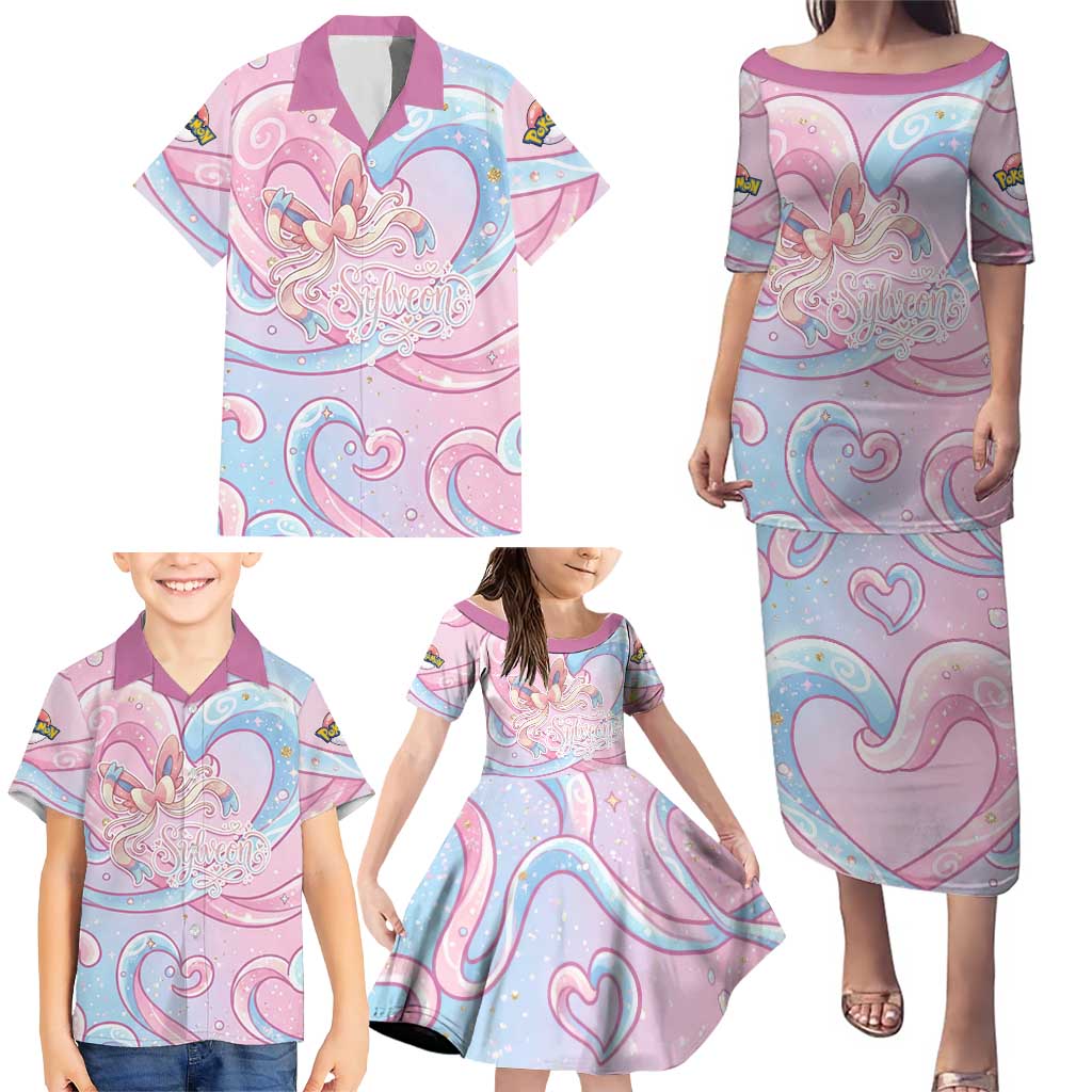 Sylveon Family Matching Puletasi and Hawaiian Shirt Magical Pastel Heart Ribbon Art