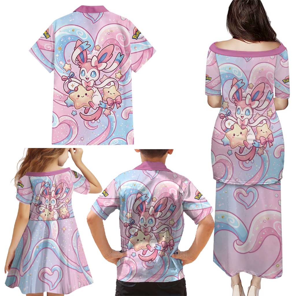 Sylveon Family Matching Puletasi and Hawaiian Shirt Magical Pastel Heart Ribbon Art