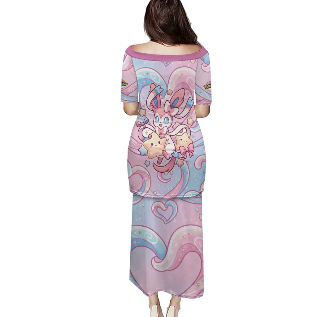 Sylveon Family Matching Puletasi and Hawaiian Shirt Magical Pastel Heart Ribbon Art