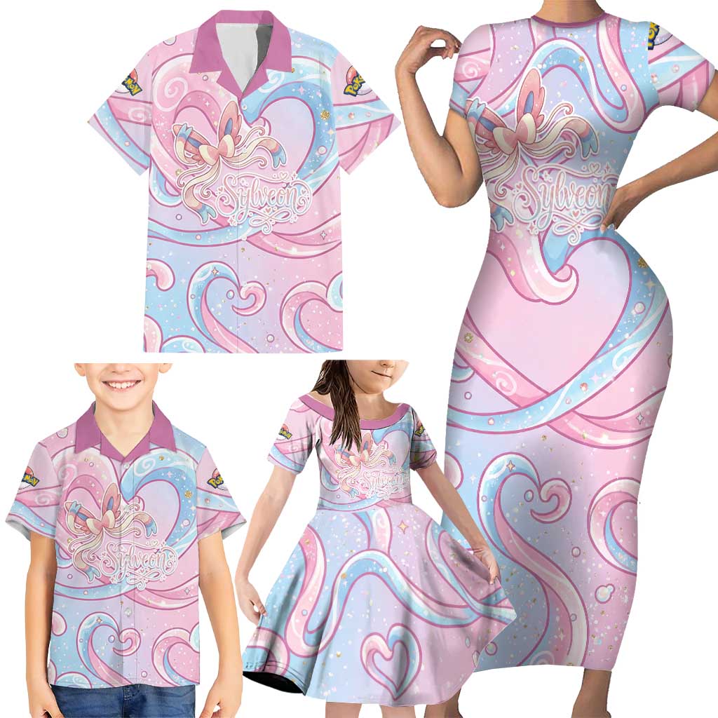 Sylveon Family Matching Short Sleeve Bodycon Dress and Hawaiian Shirt Magical Pastel Heart Ribbon Art