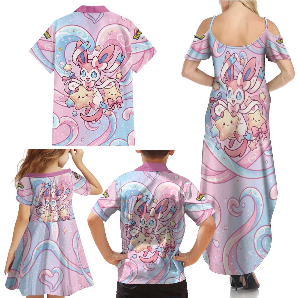 Sylveon Family Matching Summer Maxi Dress and Hawaiian Shirt Magical Pastel Heart Ribbon Art
