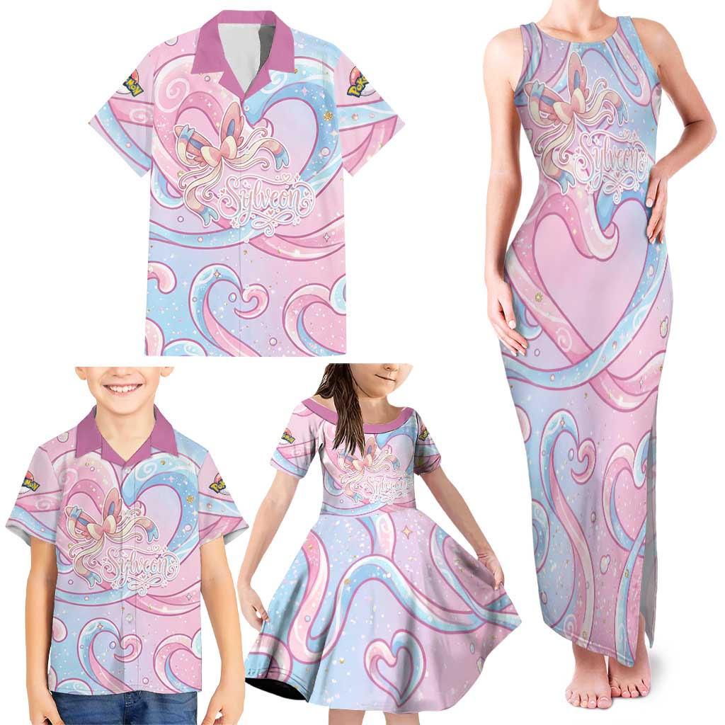 Sylveon Family Matching Tank Maxi Dress and Hawaiian Shirt Magical Pastel Heart Ribbon Art