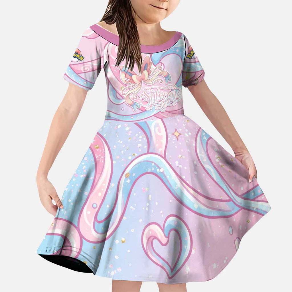 Sylveon Kid Short Sleeve Dress Magical Pastel Heart Ribbon Art