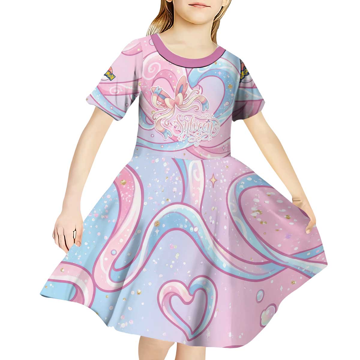 Sylveon Kid Short Sleeve Dress Magical Pastel Heart Ribbon Art