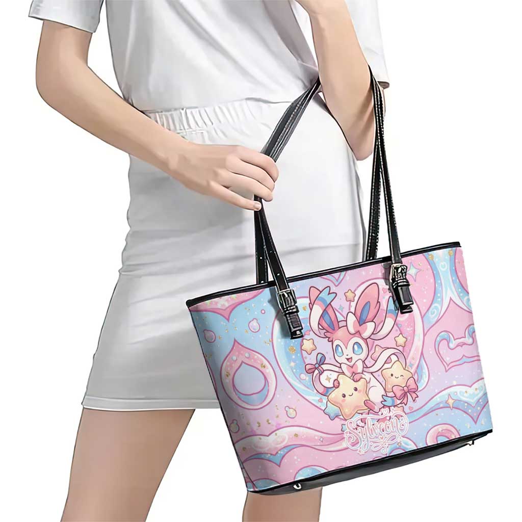 Sylveon Leather Tote Bag Magical Pastel Heart Ribbon Art