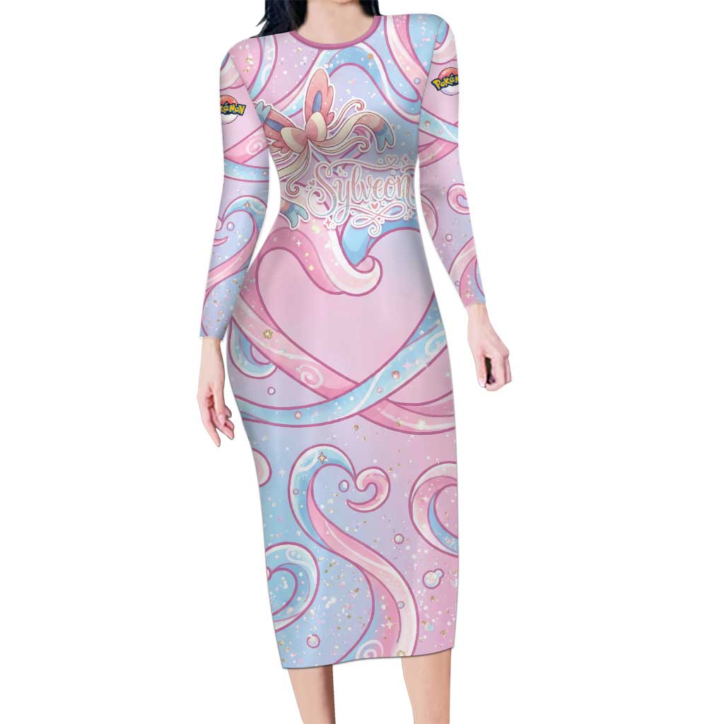 Sylveon Long Sleeve Bodycon Dress Magical Pastel Heart Ribbon Art