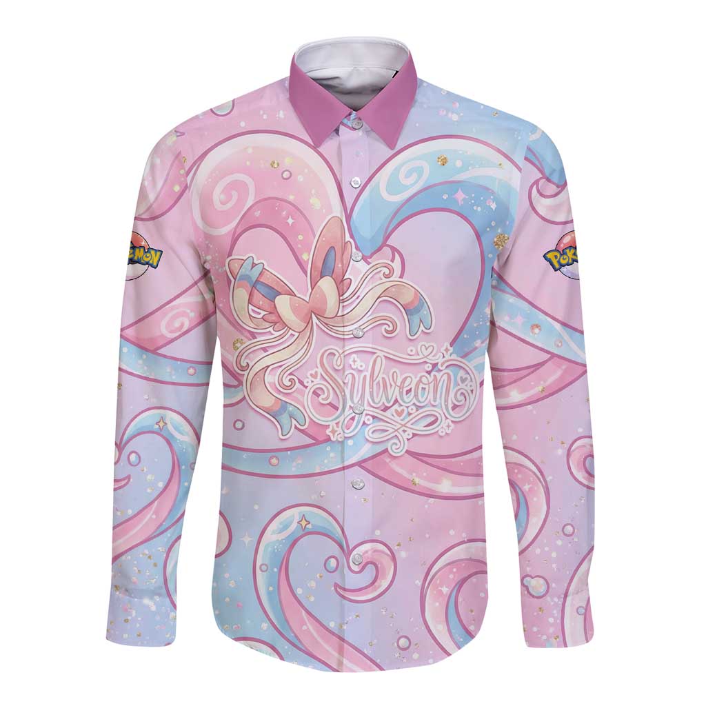Sylveon Long Sleeve Button Shirt Magical Pastel Heart Ribbon Art