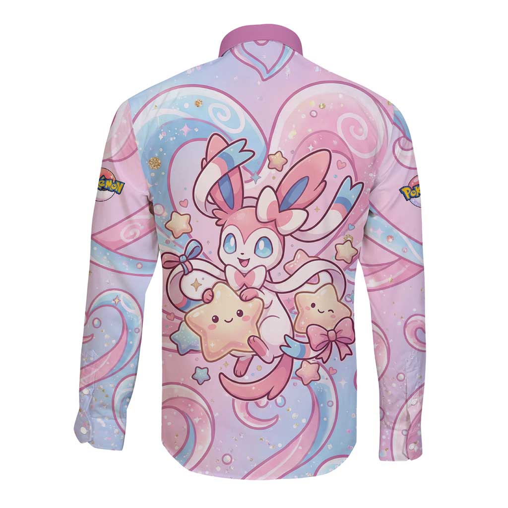 Sylveon Long Sleeve Button Shirt Magical Pastel Heart Ribbon Art