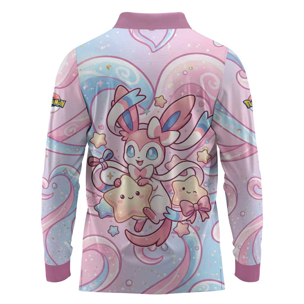 Sylveon Long Sleeve Polo Shirt Magical Pastel Heart Ribbon Art
