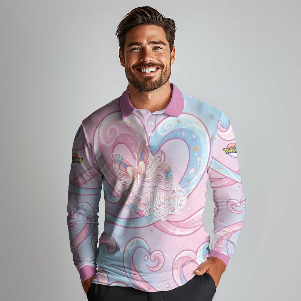 Sylveon Long Sleeve Polo Shirt Magical Pastel Heart Ribbon Art
