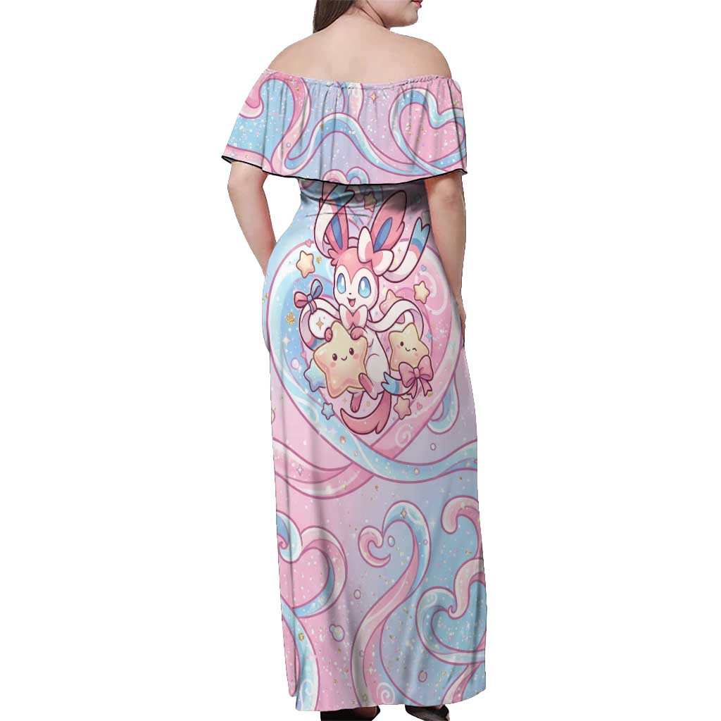 Sylveon Off Shoulder Maxi Dress Magical Pastel Heart Ribbon Art