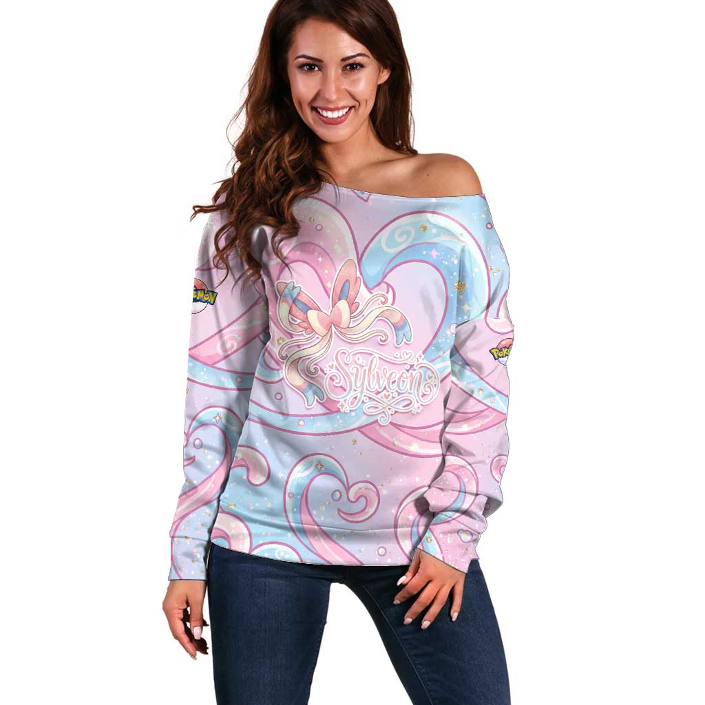 Sylveon Off Shoulder Sweater Magical Pastel Heart Ribbon Art