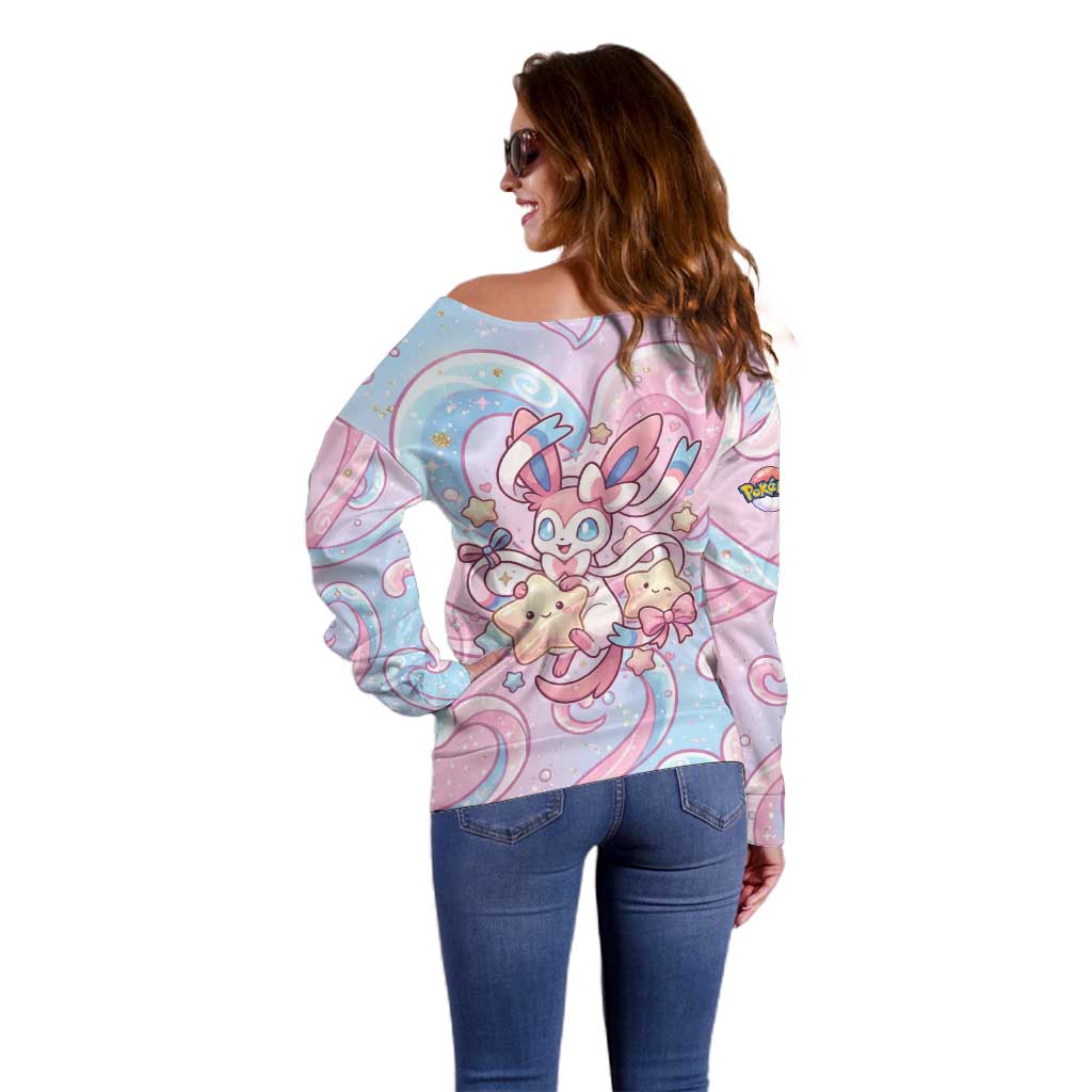Sylveon Off Shoulder Sweater Magical Pastel Heart Ribbon Art