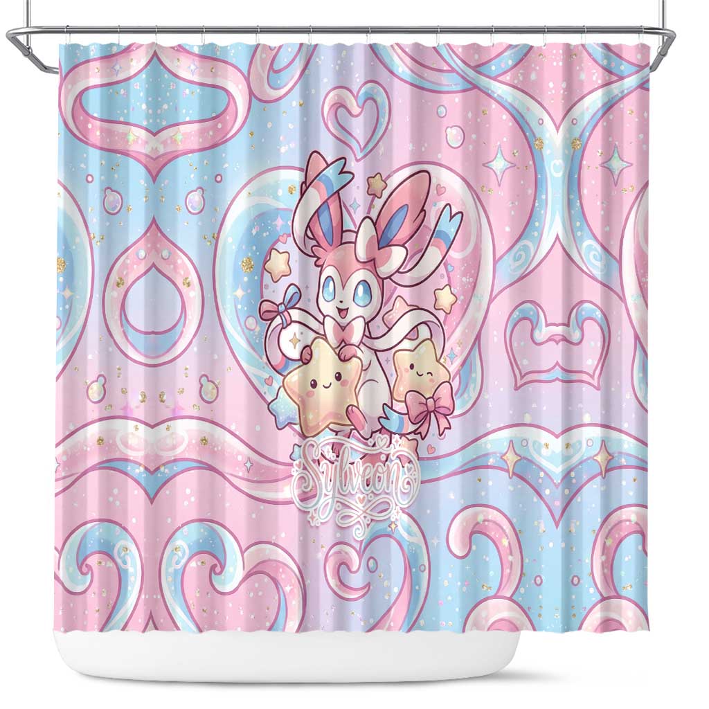 Sylveon Shower Curtain Magical Pastel Heart Ribbon Art