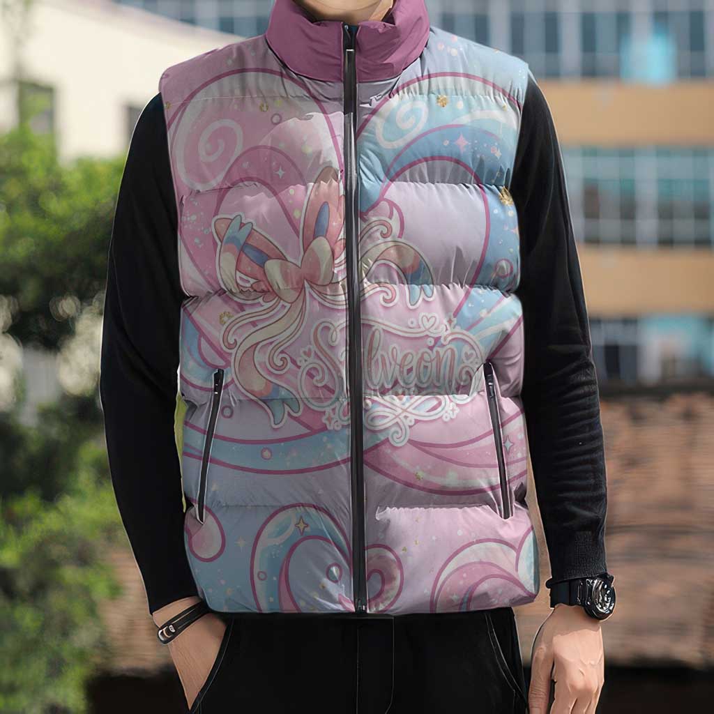 Sylveon Sleeveless Puffer Jacket Magical Pastel Heart Ribbon Art