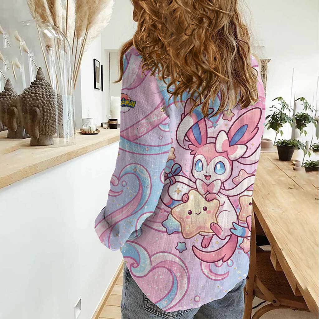Sylveon Women Casual Shirt Magical Pastel Heart Ribbon Art
