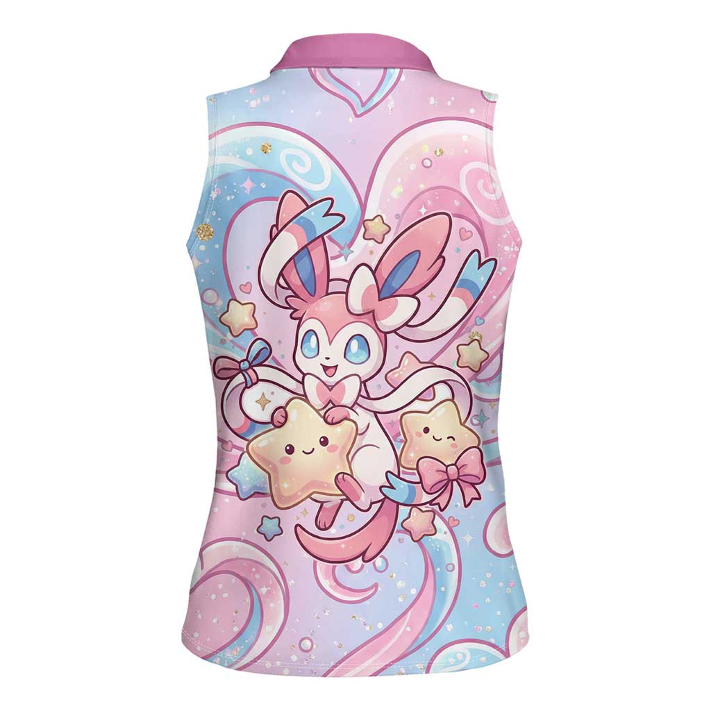 Sylveon Women Sleeveless Polo Shirt Magical Pastel Heart Ribbon Art