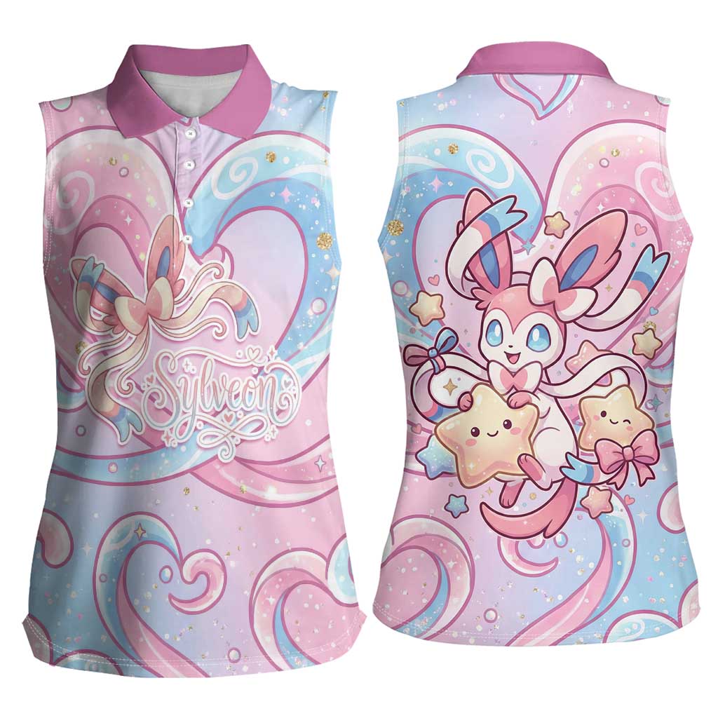 Sylveon Women Sleeveless Polo Shirt Magical Pastel Heart Ribbon Art