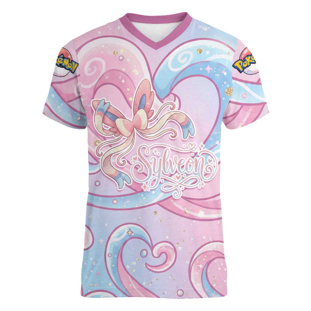 Sylveon Women V-Neck T-Shirt Magical Pastel Heart Ribbon Art