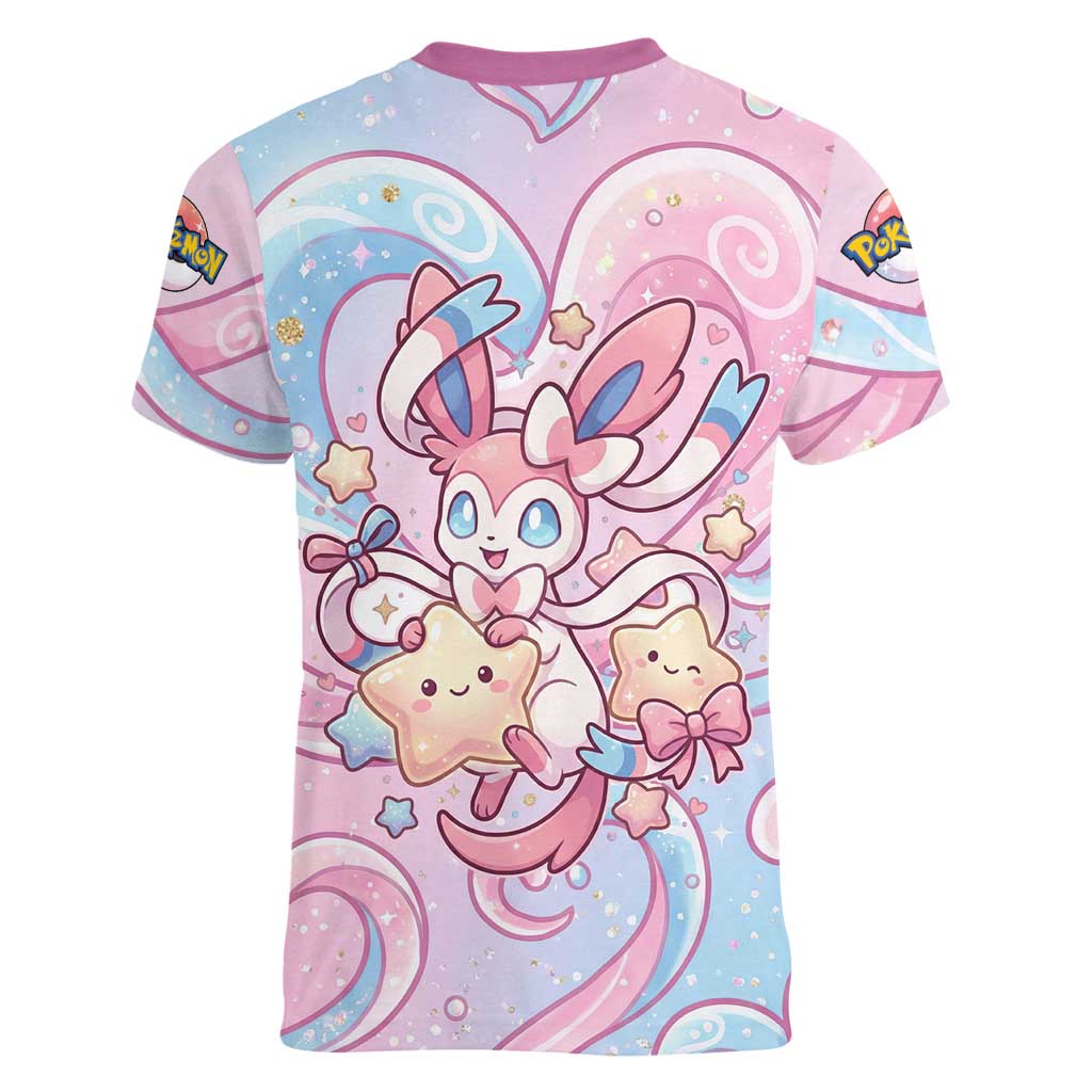 Sylveon Women V-Neck T-Shirt Magical Pastel Heart Ribbon Art
