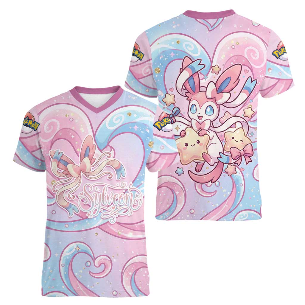 Sylveon Women V-Neck T-Shirt Magical Pastel Heart Ribbon Art