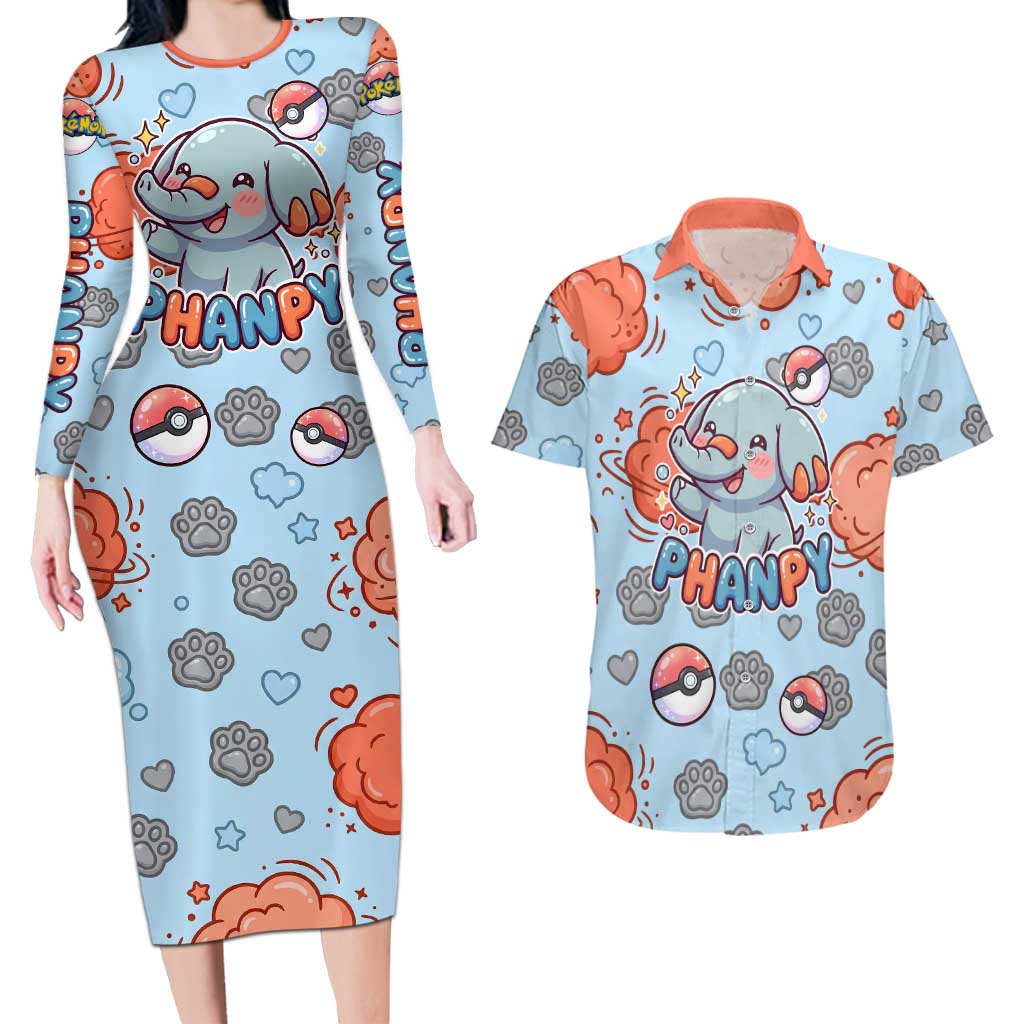 Phanpy Couples Matching Long Sleeve Bodycon Dress and Hawaiian Shirt Playful Kawaii Cloud Burst Art