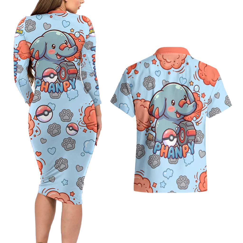 Phanpy Couples Matching Long Sleeve Bodycon Dress and Hawaiian Shirt Playful Kawaii Cloud Burst Art