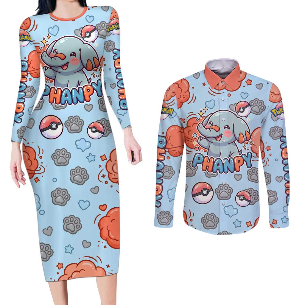 Phanpy Couples Matching Long Sleeve Bodycon Dress and Long Sleeve Button Shirt Playful Kawaii Cloud Burst Art
