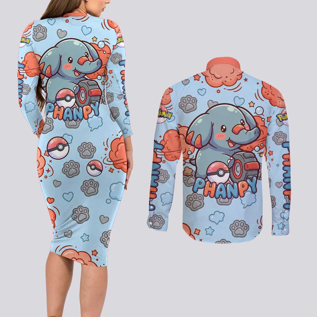 Phanpy Couples Matching Long Sleeve Bodycon Dress and Long Sleeve Button Shirt Playful Kawaii Cloud Burst Art