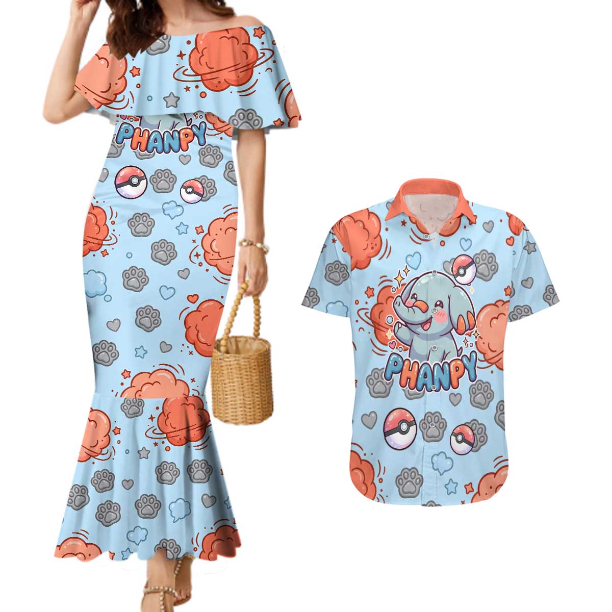 Phanpy Couples Matching Mermaid Dress and Hawaiian Shirt Playful Kawaii Cloud Burst Art