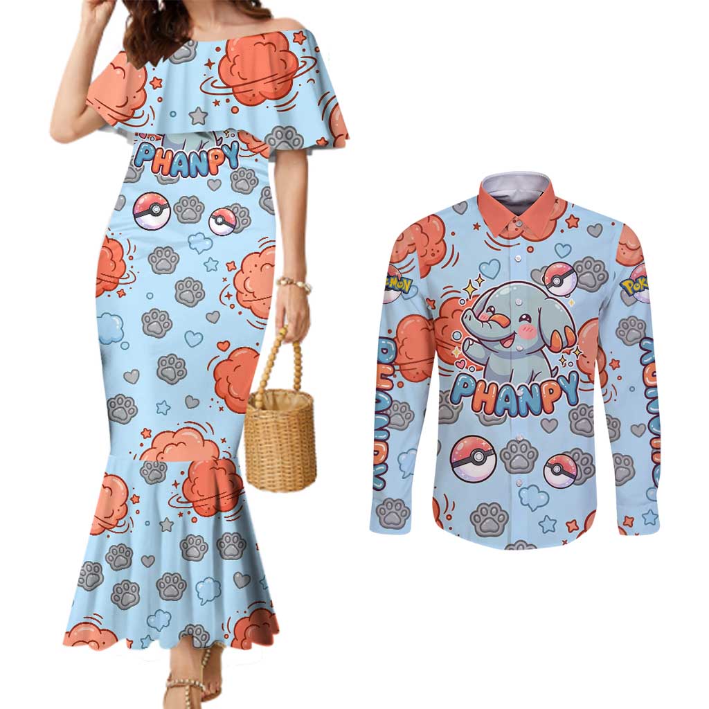Phanpy Couples Matching Mermaid Dress and Long Sleeve Button Shirt Playful Kawaii Cloud Burst Art