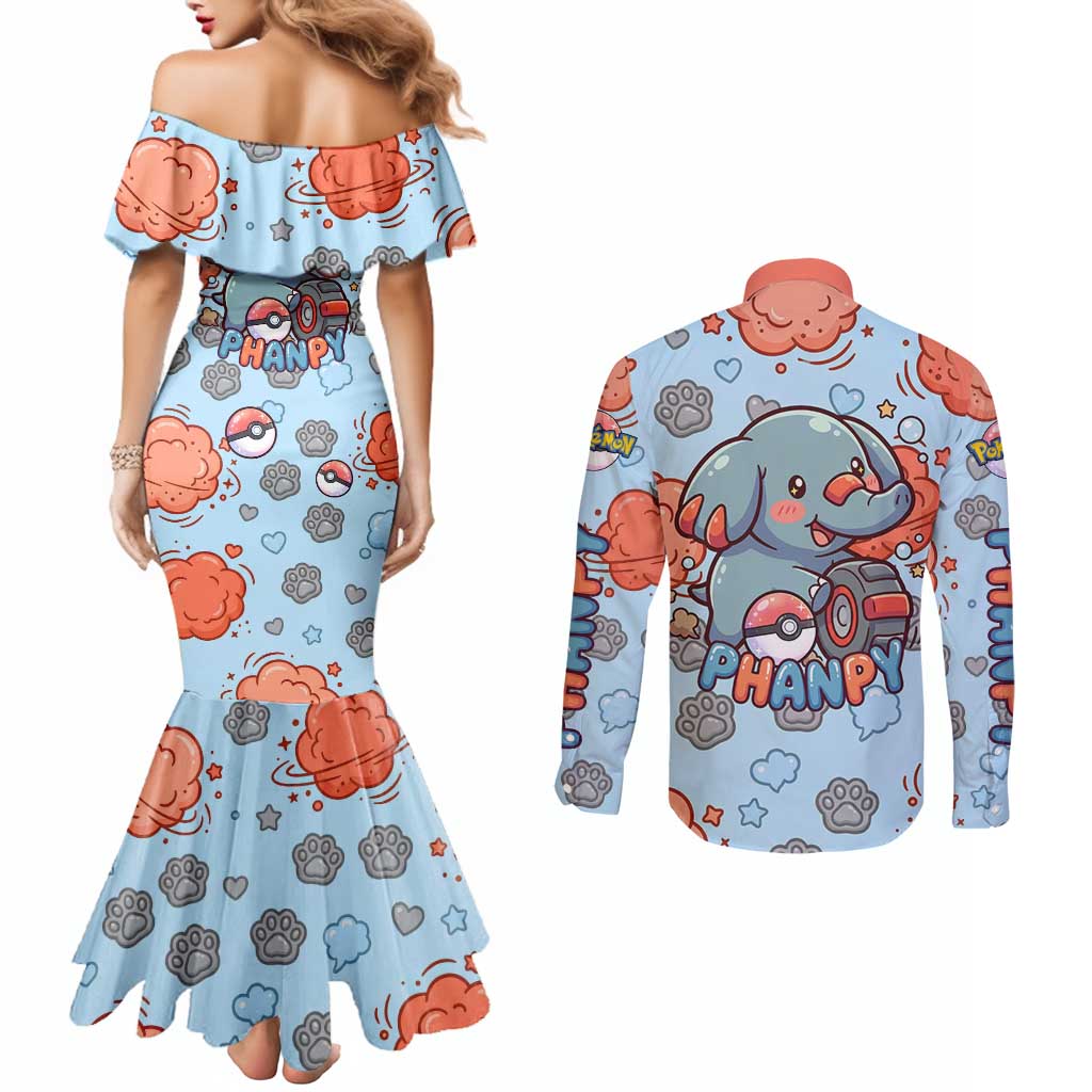 Phanpy Couples Matching Mermaid Dress and Long Sleeve Button Shirt Playful Kawaii Cloud Burst Art