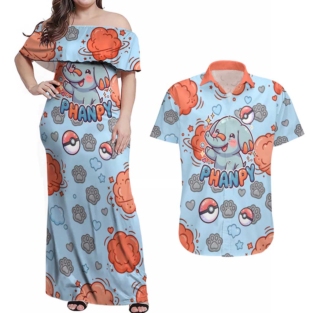 Phanpy Couples Matching Off Shoulder Maxi Dress and Hawaiian Shirt Playful Kawaii Cloud Burst Art