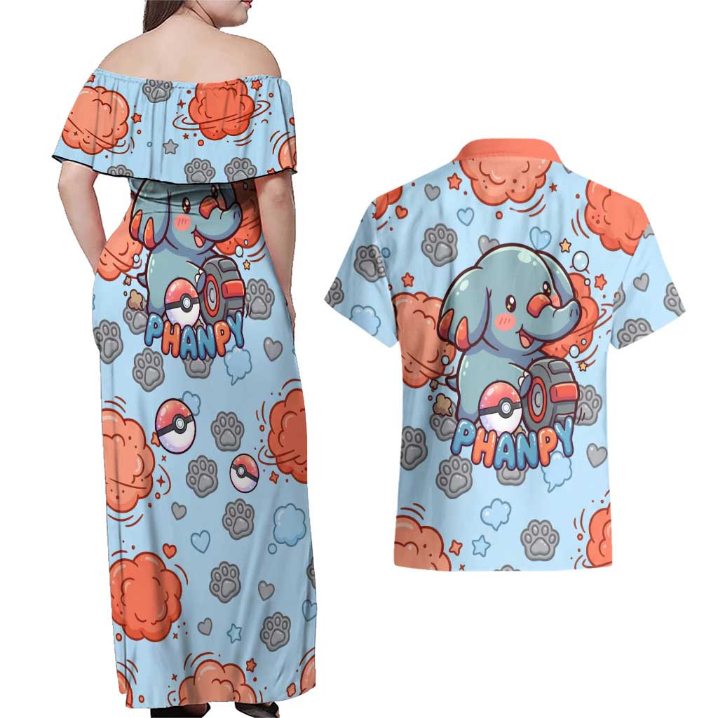 Phanpy Couples Matching Off Shoulder Maxi Dress and Hawaiian Shirt Playful Kawaii Cloud Burst Art