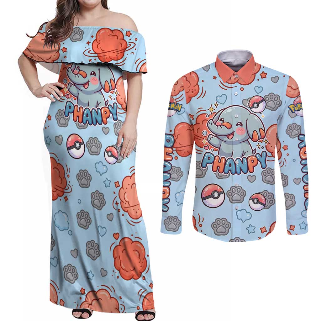 Phanpy Couples Matching Off Shoulder Maxi Dress and Long Sleeve Button Shirt Playful Kawaii Cloud Burst Art