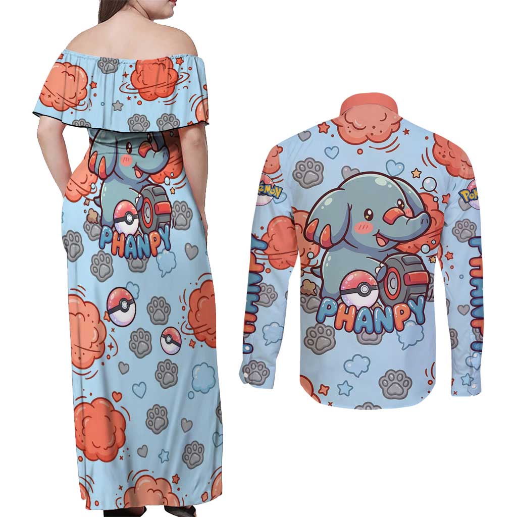 Phanpy Couples Matching Off Shoulder Maxi Dress and Long Sleeve Button Shirt Playful Kawaii Cloud Burst Art