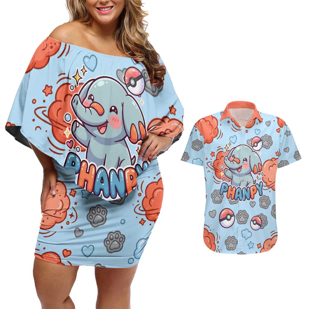 Phanpy Couples Matching Off Shoulder Short Dress and Hawaiian Shirt Playful Kawaii Cloud Burst Art