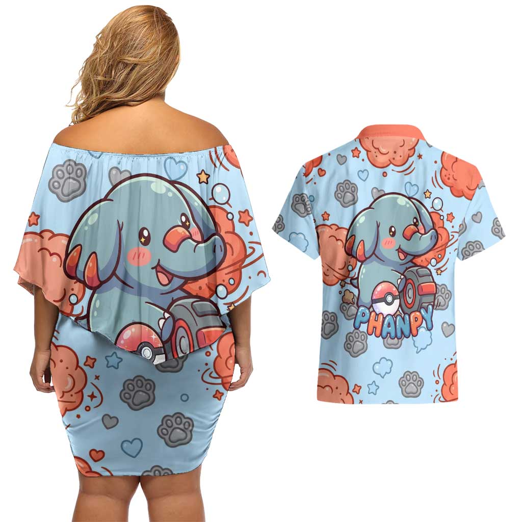 Phanpy Couples Matching Off Shoulder Short Dress and Hawaiian Shirt Playful Kawaii Cloud Burst Art