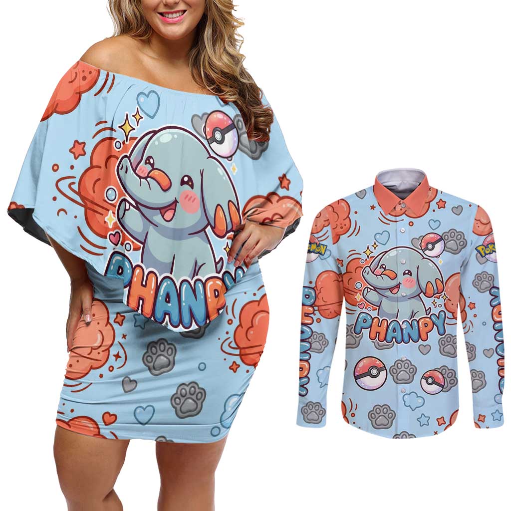 Phanpy Couples Matching Off Shoulder Short Dress and Long Sleeve Button Shirt Playful Kawaii Cloud Burst Art