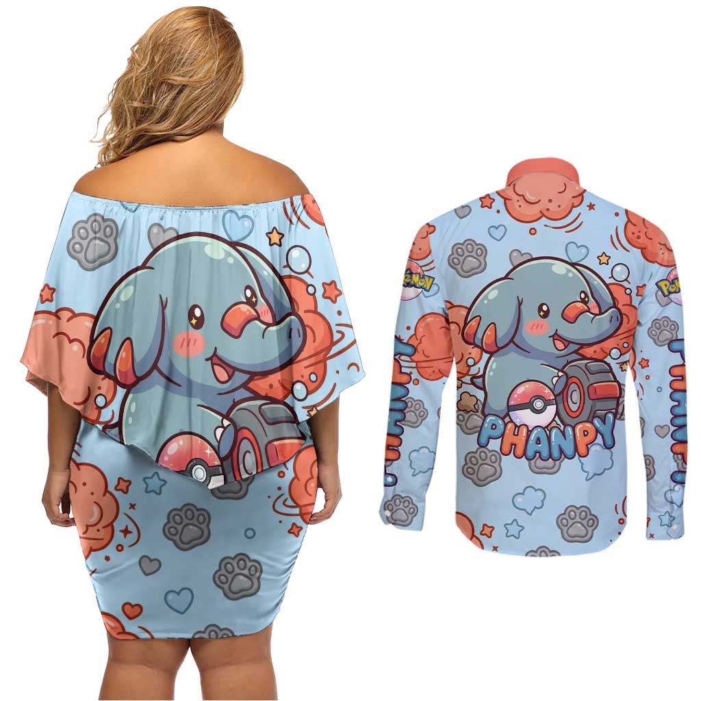 Phanpy Couples Matching Off Shoulder Short Dress and Long Sleeve Button Shirt Playful Kawaii Cloud Burst Art