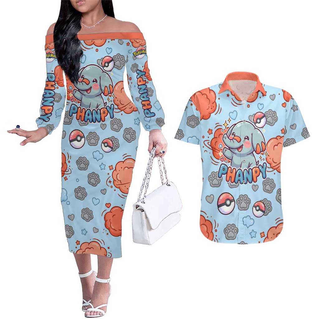 Phanpy Couples Matching Off The Shoulder Long Sleeve Dress and Hawaiian Shirt Playful Kawaii Cloud Burst Art