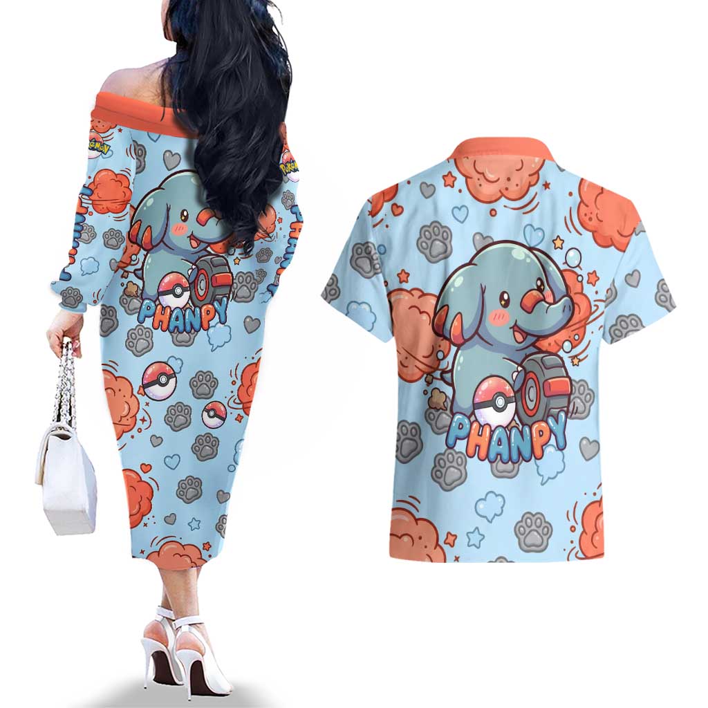 Phanpy Couples Matching Off The Shoulder Long Sleeve Dress and Hawaiian Shirt Playful Kawaii Cloud Burst Art