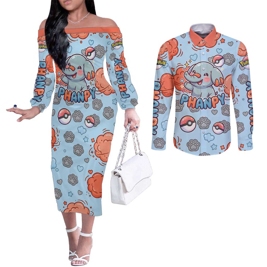 Phanpy Couples Matching Off The Shoulder Long Sleeve Dress and Long Sleeve Button Shirt Playful Kawaii Cloud Burst Art